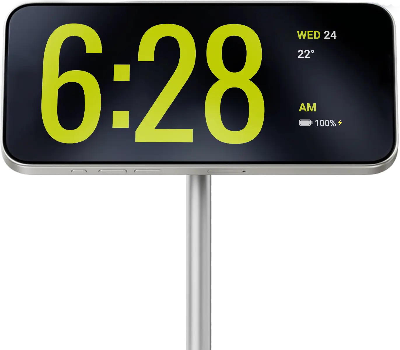 focus dock app clock standby theme showcase on smartphone while charging wirelessly on stand